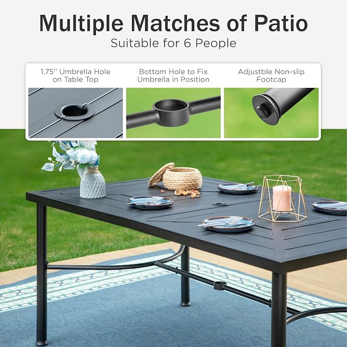PHI VILLA Outdoor Dining Set for 6 Persons, Patio Metal Table & Aluminum Stackable Chairs, Light Weight & Space-Saving Patio Table Set for Backyard Deck, Grey