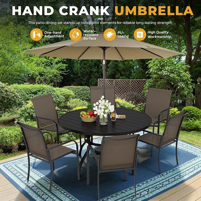 Incbruce 8 PCS Patio Dining Set with Brown Umbrella, Outdoor Dining Set of 6 Textilene Chairs and 53" Round Table with Umbrella Hole for Backyard, Garden, and Poolside (Brown)