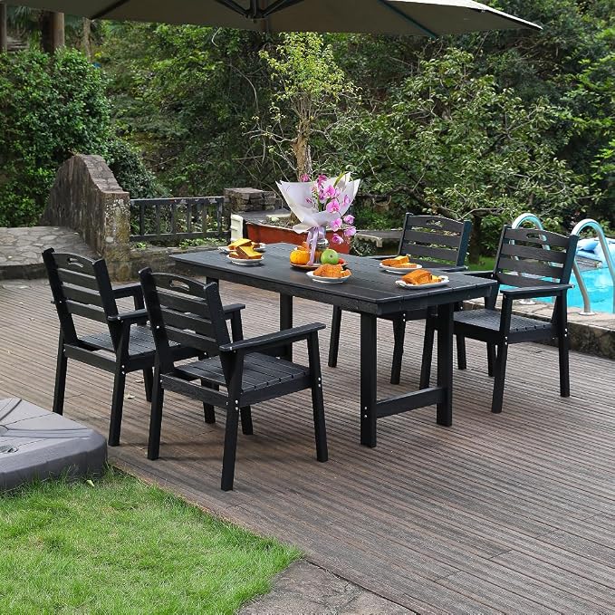 5-Pcs Outdoor Patio Dining Table Set of 4, Outdoor Patio Rectangular 66.9'' Dining Table and Armchair for Garden Backyards Pool Side, Waterproof HDPE Material & 1.95'' Umbrella Hole, Black