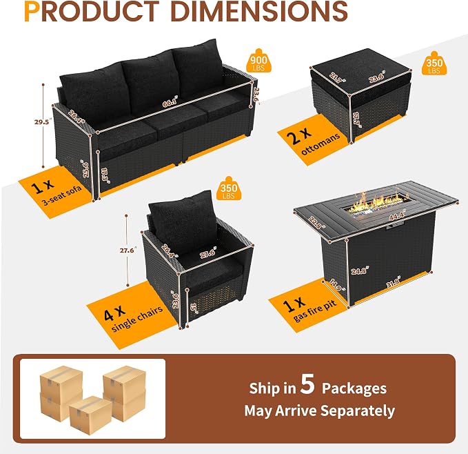 UDPATIO Patio Furniture Set with 44" Fire Pit Table, 8 Pieces Outdoor Sectional Conversation Sets, All-Weather Wicker Rattan Sofa Ottoman with 4" Thick Cushion for Garden Backyard Deck, Black