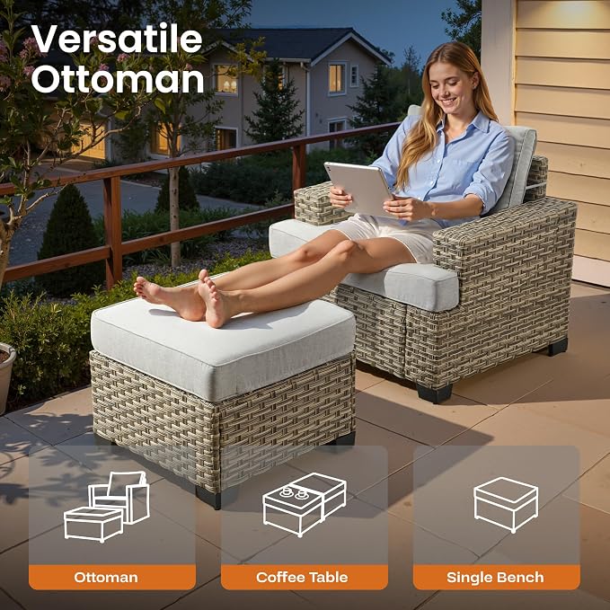 ovios 7 Piece Patio Sectional Furniture, Rattan Wicker Coversation Couch Set, Outdoor Sofa Set for Outside Porch Balcony Backyard Pool,Light Grey