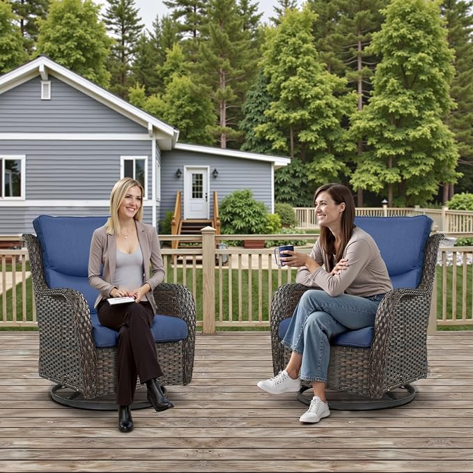 Outdoor Swivel Rocker Patio Chairs Set of 4 with Coffee Table - 5" Thick Cushion 8 Piece Furniture Set All Weather Comfortable Wicker Conversation Set for Porch Deck - Brown/Blue
