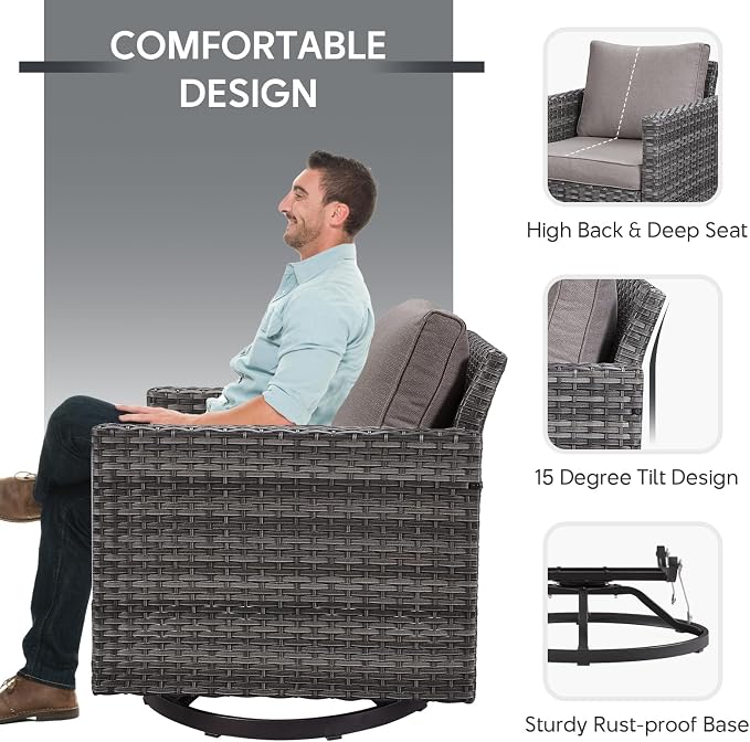 Belord Outdoor Sectional Furniture with Swivel Rocker Chair, 10 Pieces Wicker Patio Furniture Sets with Ottoman L Shaped Sofa Coffee Table Grey Cushion