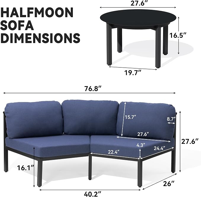 Crestlive Curved Patio Furniture Set, Modular Half Moon 6-Seater Sofa with Round Coffee Table, Aluminum Outdoor Sectional with 4.3" Cushions, All-Weather Couch for Backyard, Deck, Porch, Poolside