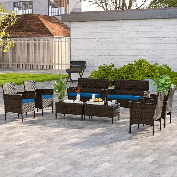 4 Piece Patio Furniture Set, Sectional Conversation Sofa Set with Glass Coffee Table, Cushions & Loveseat, Wicker Outdoor Table and Chairs for Pool, Garden, Deck, Backyard (2, Peacock Blue)