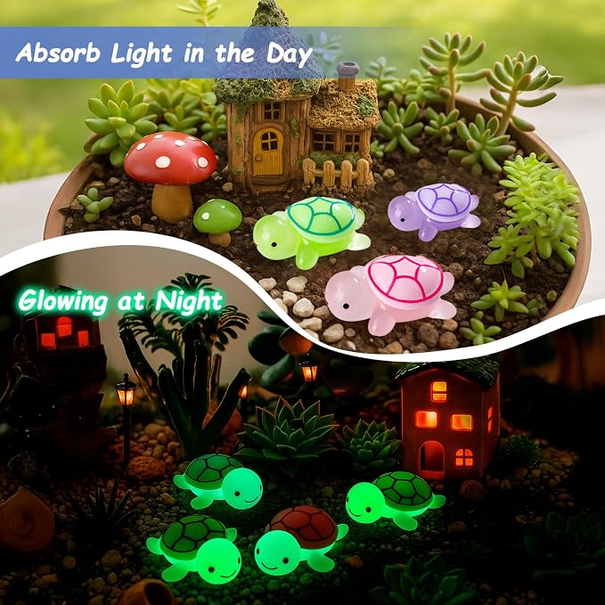 15pcs Luminous Mini Resin Turtles, Cute Tiny Turtle Figurines Glow in The Dark, for Fairy Garden Accessories, Cake Topper, Ocean Animal Theme Decor, DIY Outdoor Micro Landscape, Hidden Game