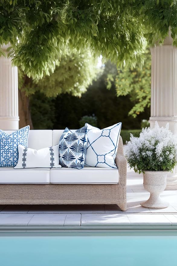 Hofdeco Premium Coastal Hampton Patio Indoor Outdoor Throw Pillow Cover Only, 20"x20" Water Repellent for Backyard, Couch, Poolside, Navy Blue Print Abstract Plam Leaves