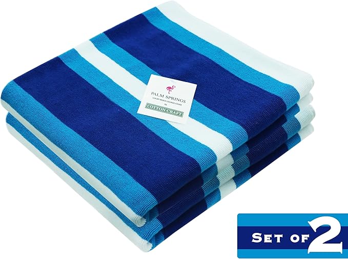 COTTON CRAFT Pool Lounge Chair Cover - 2 Pack - Soft Absorbent 100% Cotton Stripe Dobby Terry Towel Chaise Lounge Beach Chair Cover - Oversized 32 W x 82 Length x 7 inch Pocket – Blue