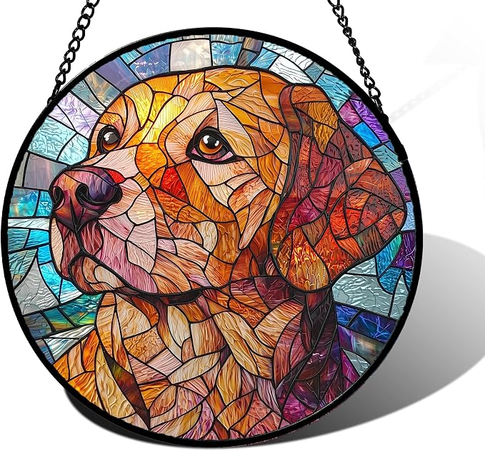 DASTOLL Stained Glass Window Hanging, Cute Dog Abstract Sun Catchers Colorful Glass Panel Texture Suncatcher Decor for Birthday for Women, Men, Wife, Aunt, and Mom 9.8 in