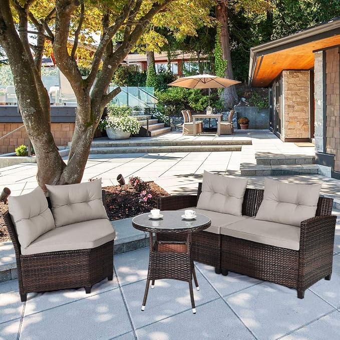 Tangkula 4-Piece C Shape Patio Furniture Set, Outdoor Corner Wicker Rattan Sectional Cushioned Sofa Set, with Glass Coffee Table, for Garden Poolside Balcony (Beige)