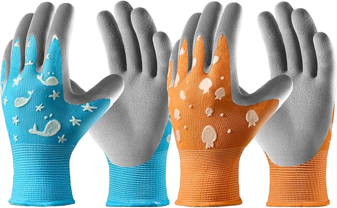 COOLJOB Glow in The Dark Kids Gardening Gloves for Age 3-5, 2 Pairs Children Reflective Yard Work Rubber Coated Gloves, Blue with Whale, Orange with Jellyfish, Small