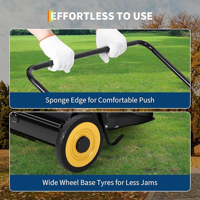 Takywep 26-Inch Push Lawn Sweeper, Anti-Rust Steel Frame, 4 High-Density Brushes, Adjustable Height, 7 Cu.Ft Collection Bag, Black with Wheel Covers & Yellow Crossbar for Yard Debris