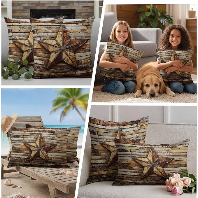 Retro Star Outdoor Waterproof Throw Pillow Covers Set of 2, 18"x18", Abstract Metal Stars Old Weathered Wood Grain Decorative Pillow Covers Outside Cushion Case for Patio Porch Garden