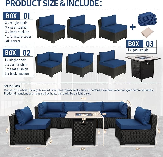 Lviden 7 Pieces Outdoor PE Wicker Furniture Set Patio Rattan Sectional Conversation Sofa Set with Non-Slip Cushions and Fire Pit Table, Navy Blue