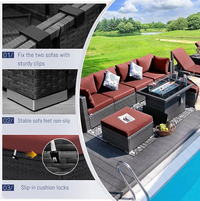 BULEXYARD 11 Piece Large High Back Grey Rattan Patio Furniture Sets with Firepit and Loungers, Comfortable Deep Wide Seat Outdoor Sectional Conversation Couch Sofa Modualr, Gray Wicker and Red Cushion