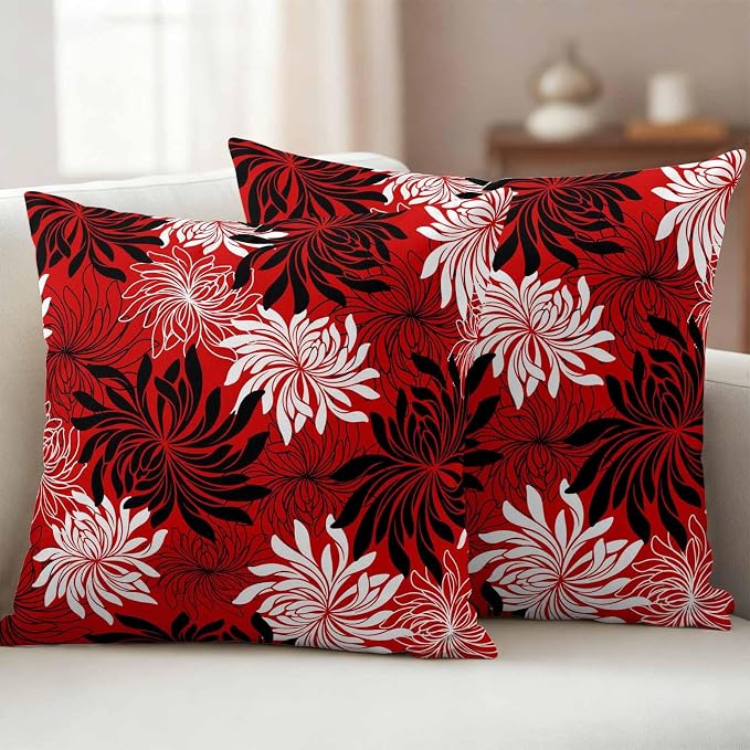 Yukro Red Black Floral Outdoor Waterproof Pillow Covers Pack of 2, Vintage White Black Flower Red Decorative Throw Pillowcases Cushion Covers for Garden Patio Tent Sofa Couch, 20x20 inch
