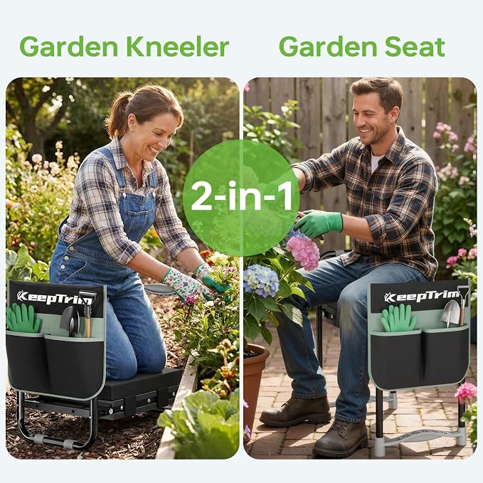 Garden Kneeler and Seat, Foldable Ergonomic Kneeling Bench with Tool Pouch 400 Lbs (Black)