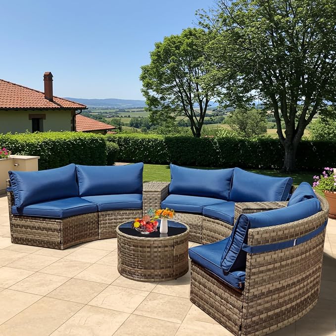 ECOTOUGE Large Half-Moon Outdoor Patio Furniture Set, 9 Piece Wicker Rattan Patio Sectional Furniture Sofa Set Conversation Set for Pool Backyard Balcony Garden(Blue)