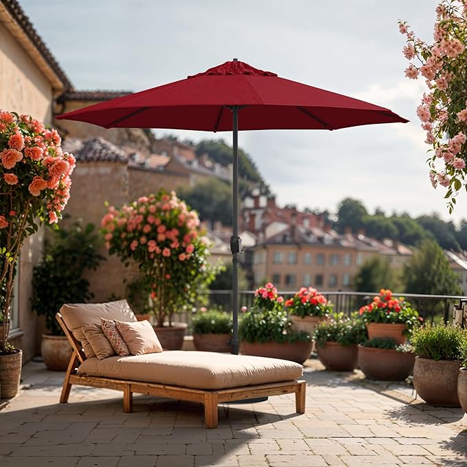 California Umbrella 12-Year Protection 9-Ft Outdoor Patio Umbrella, Sunbrella Fade-Resistant Fabric, Auto-Tilt, Heavy Duty Aluminum Frame, 8 Reinforced Ribs for Pool or Deck, Bronze Pole, Jockey Red