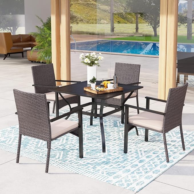 MFSTUDIO 5 Pieces Patio Dining Set, Patio Table and Chairs for 4, Outdoor Rattan Dining Furniture, Outdoor Square Dining Table with Wicker Chairs, Deck, Backyard