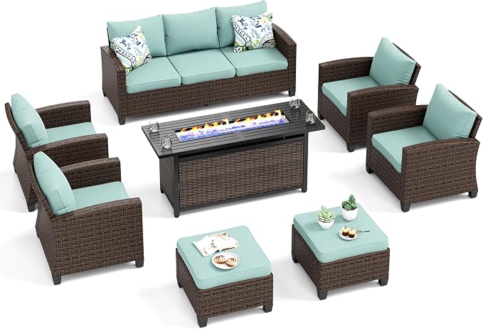 MIXPATIO Patio Furniture Set, 8 Pcs Wicker Rattan Outdoor Conversation Set, 4 x Leg Chairs, 1 x 3 Seater Sofa and 2 x Ottoman with 4" Thick Cushion and 56" Fire Pit Table, Blue