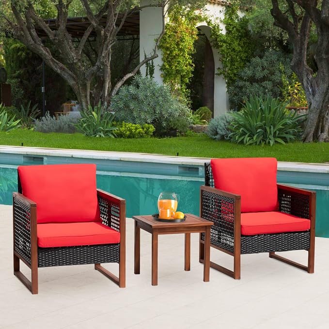 FDW Patio Bistro Set 3-Piece Acacia Wood Outdoor Chat Conversation Table Chair Set Outdoor Wood Chat Set with Water Resistant Cushions and Coffee Table for Beach Backyard Garden,Red Cushion