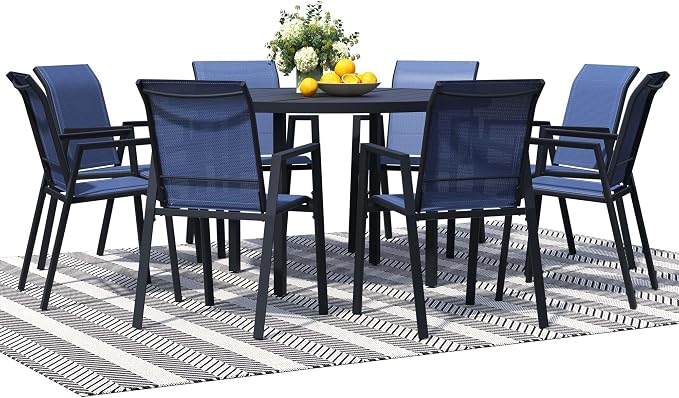 9-Piece Outdoor Dining Set for 8 – 60" Black Round Outdoor Table with Umbrella Hole & 8 Blue Outdoor Stackable Dining Chairs, All-Weather Patio Furniture