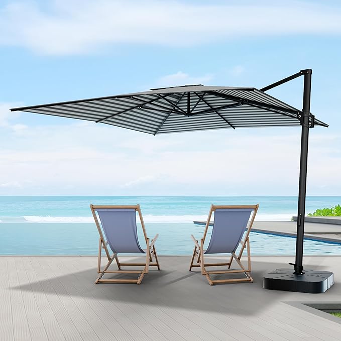Midtown Umbrellas 9 x 9 Ft Outdoor Cantilever Patio Umbrella w/Terylast Grey Stripes Fabric - Rotate 360° Offset Patio Umbrella, Deck Patio Umbrella, Backyard Umbrella & Garden Umbrella - Black Frame