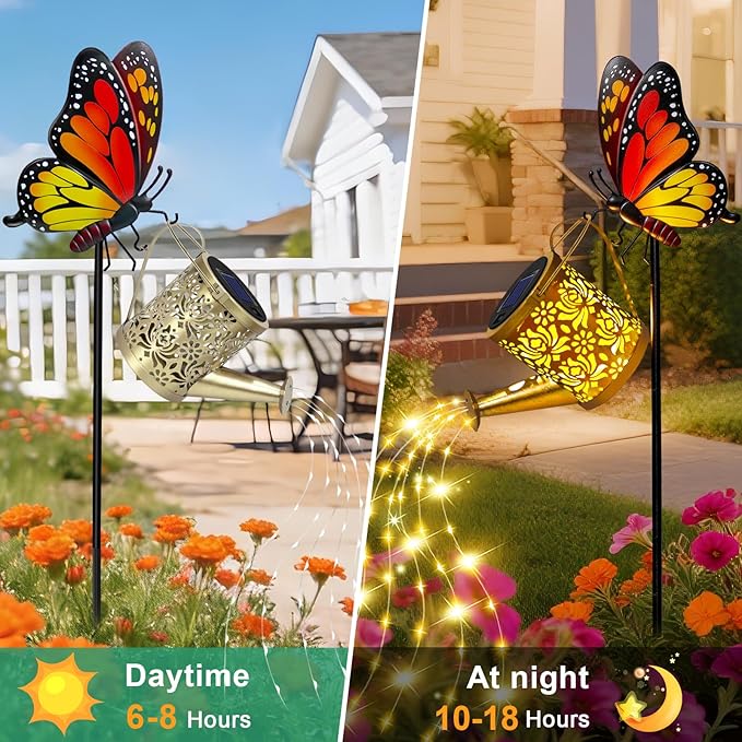 Solar Lights Outdoor Decorative, Watering Can with Cascading LED Lights on Butterfly Shepherd's Hook, Solar Garden Stake Decor for Patio Yard Pathway, Gift for Women Mom