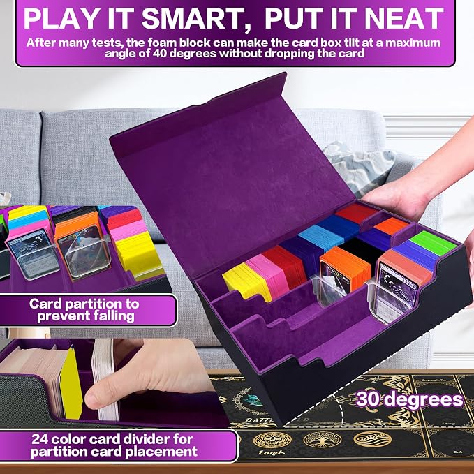 PROMAXIBINDER MTG Commander Deck Case with Playmat, B-Row Trading Card Storage Box Fits 3000+ Cards, 6 Movable Partitions 24 Dividers PU Leather Magnetic Closure, Magic/TCG/YuGiOh/Sport (Black&Purple)