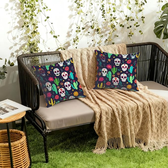 22x22 Inch Outdoor Pillow Covers Set of 2 Waterproof Throw Pillow Covers Decorative Couch Cushion Covers Mexican Skulls Cacti Flowers Square Pillowcases Protectors for Patio Garden Sofa