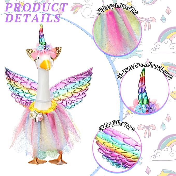 Abbylike Unicorn Porch Goose Outfit Rainbow Goose Costume for 23'' H Cement Statue with Tutu Skirt Unicorn Headband Wing for Party Outdoor Yard Lawn Garden Patio Decor