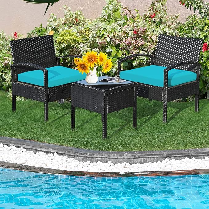 Hysache 3 Piece Patio Furniture Set, PE Rattan Conversation Set w/Washable & Removable Cushion, Coffee Table w/Storage Space, Wicker Sofa Set for Garden Poolside Balcony (Turquoise)