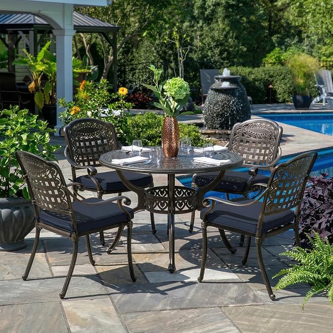 5-Piece Outdoor Patio Dining Set, All-Weather Cast Aluminum Furniture Conversation Set, Include 4 Cushioned Chairs and a 38.5” Round Table with Umbrella Hole for Balcony, Lawn, Navy Blue
