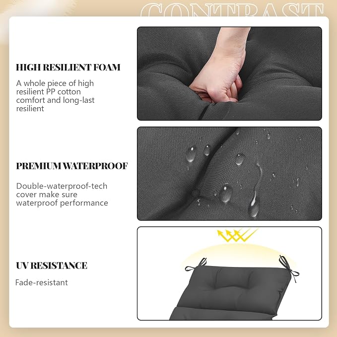 Kigley Outdoor Chaise Lounge Cushions with 3 Side Pocket 74.5 x 22 x 4.7 Inch Patio Chaise Lounge Cushion, Water-Repellent and Fade-Resistant Tufted Summer Replacement(2 Pcs,Dark Gray,Solid Color)