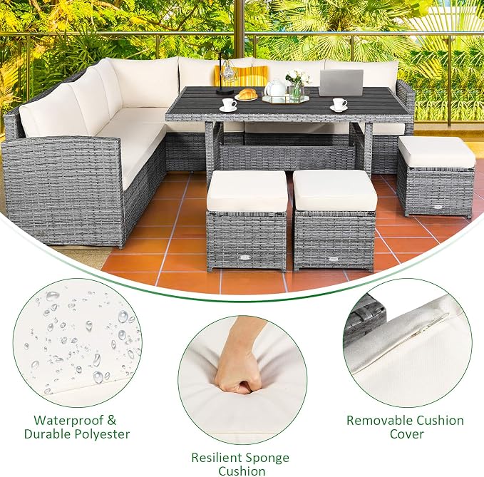Tangkula 7 Pieces Patio Furniture Set, Outdoor Sectional Rattan Sofa Set with Cushions, All Weather Wicker Conversation Couch Set w/Dining Table & Ottomans for Backyard Garden Poolside (White)