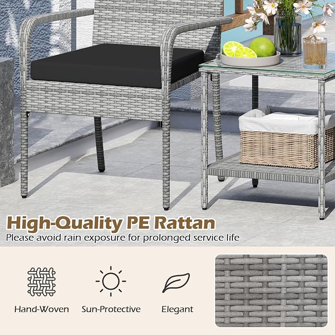 Tangkula 3 Pieces Patio Furniture Set, PE Rattan Outdoor Cushioned Conversation Chairs with 2-Tier Tempered Glass Tabletop Table, for Balcony, Garden and Poolside