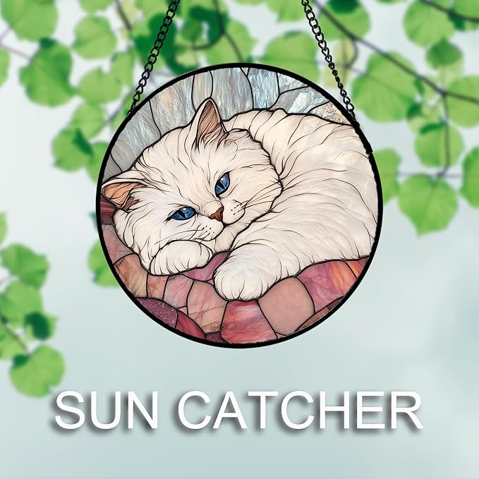 Stained Glass Window Hanging 4 Pcs Set Cute Cat Large 11.8" - Suncatcher Door Garden Sun Catcher Decor Birthday Mother's Day Christmas Comfort Gifts for Lost Pet Woman Nana Mom Men Friend