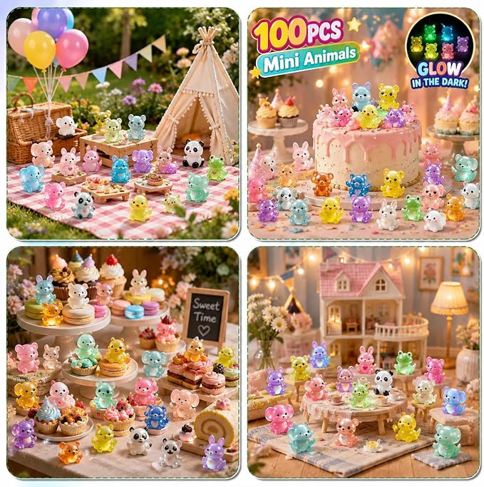 100 PCS Mystery Bag Mini Resin Animals, Glow in The Dark Tiny Animal Figurines Blind Bags Bulk, Cute Mini Resin Figures Surprise Box Toys for Kids, Classroom Prizes Goodie Bag Stuffers Party Favors