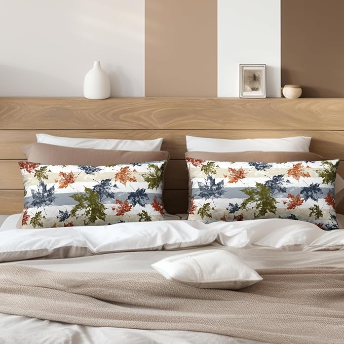 Thanksgiving Colorful Maple Leaves Lumbar Pillow Covers 12x20 Set of 2 Fall Rectangular Pillow Covers Blue Beige White Stripes Pillowcase Autumn Throw Pillow Covers for Patio Indoor Couch