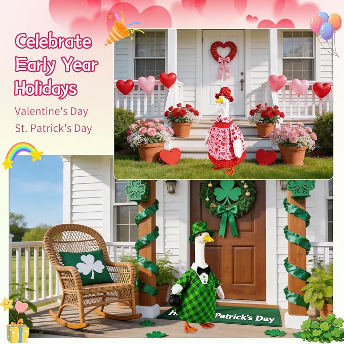 10 Set Porch Goose Outfits for 23" Lawn Goose Statue,All Seasons Goose Clothes Bundle with Valentine St Patrick Easter Spring Floral Raincoat Summer Patriotic Halloween Thanksgiving Christmas Costumes