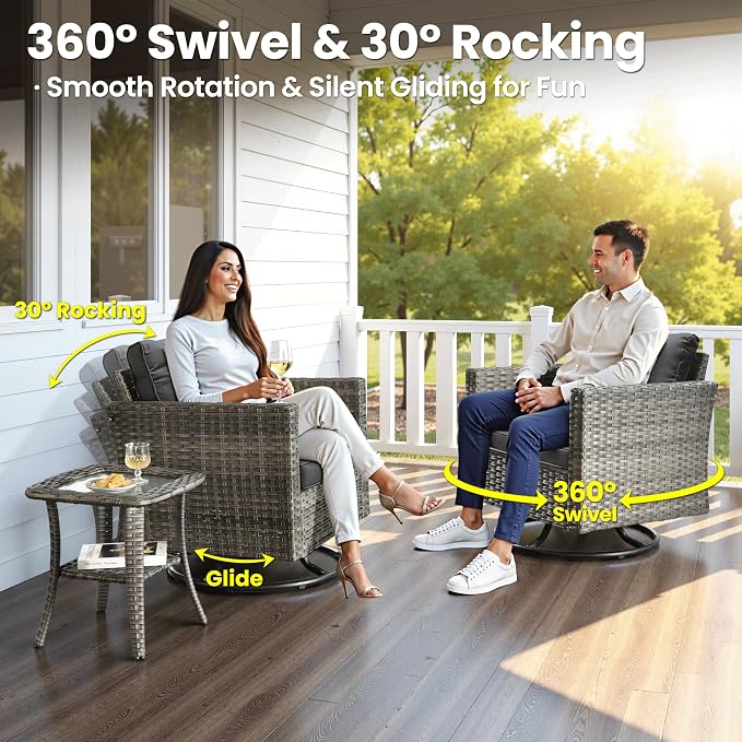 ovios 7 Pieces Patio Furniture Set, Outdoor Wicker Sofa Couch with Swivel Chairs, Rocking Glider Rocker with Comfy Cushions All Weather Rattan Conversation Set, Black