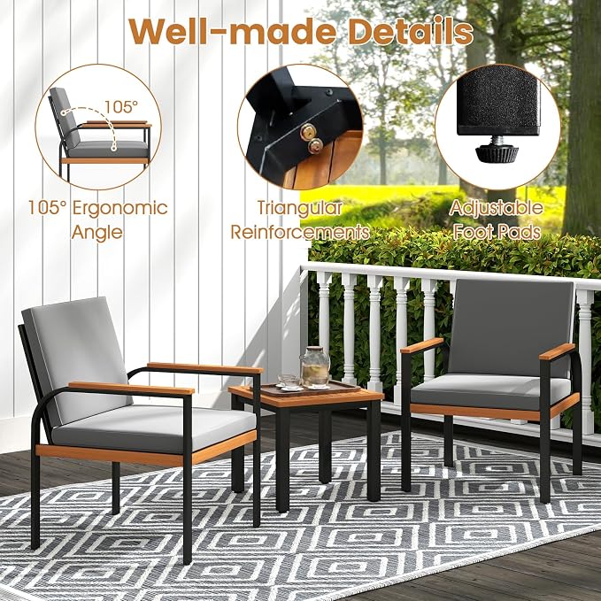 Tangkula 3 Pieces Patio Furniture Set, Outdoor Cushioned Conversation Chairs Set with Acacia Wood Side Table, for Porch, Balcony and Garden