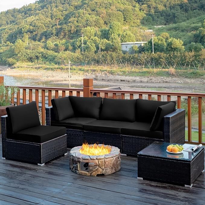 Tangkula 5 Pieces Patio Furniture Set, All Weather Wicker L-Shaped Corner Sofa Set w/Soft Cushions, Outdoor Sectional Conversation Couch Set w/Glass Table for Backyard Garden Poolside (Black)