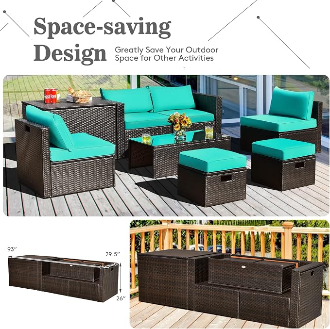 COSTWAY 8-Piece Outdoor Patio Furniture Set, Rattan Sectional Sofa, Armless Chairs, Side Table with Storage Ottoman & Glass Coffee Table, Space-Saving Conversation Set for Garden Deck (Turquoise)