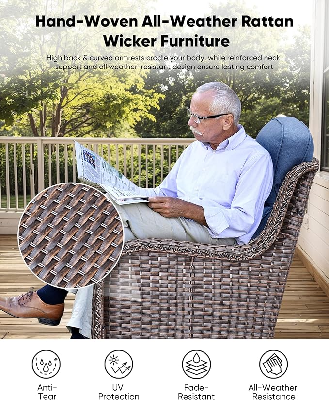 HUMMUH Wicker Patio Furniture Set 6inch Thick Cushion Deep Seat Outdoor Swivel Rocker Patio Chairs Set of 2 with Ottomans Conversation Set for Porch Garden Deck