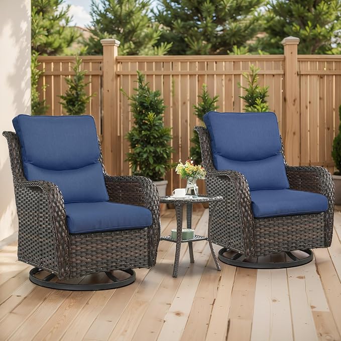 Outdoor Swivel Rocker Patio Chairs with 5" Thick Cushion - 3 Piece Wicker Bistro Set with Side Table, High Back Comfty Outdoor Glider Chairs for Balcony, Porch, Deck, Poolside - Brown-Blue