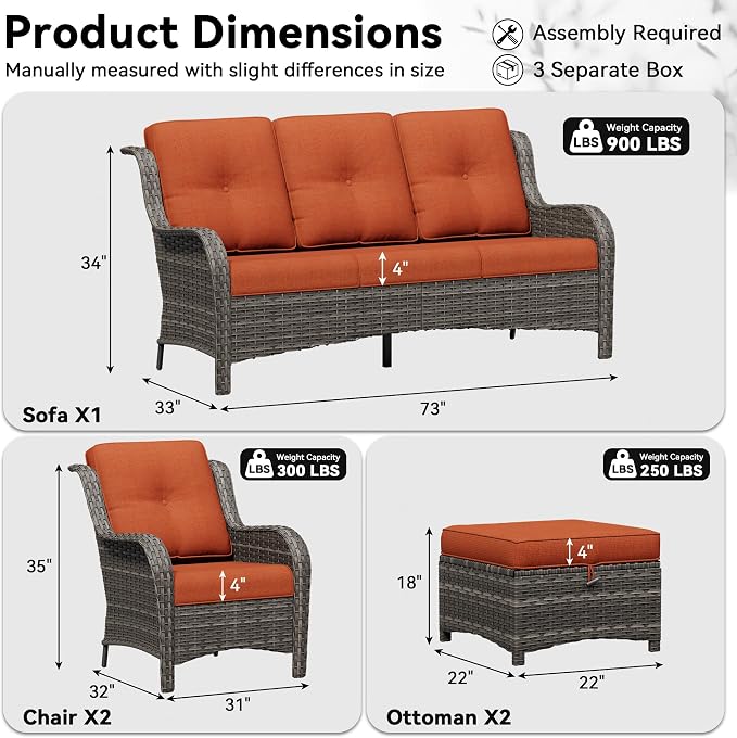 5 Piece Outdoor Wicker Patio Furniture Set, Patio Chairs Set with Thickened Olefin Cushions, High Back and Deep Seating, Hand-Woven PE Rattan, Ottoman for Porch, Deck