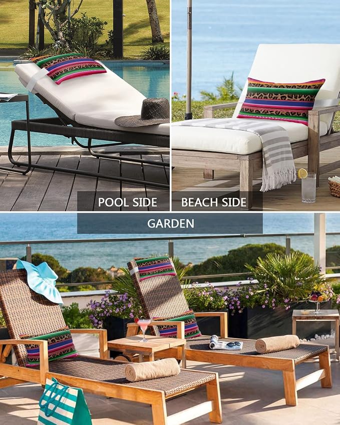 Outdoor Pillows Covers with Inserts Mexico Leopard Print Waterproof Recliner Pillow with Adjustable Strap Throw Pillows for Patio Furniture Pool Lounge Chair, 11x16 inch, 1PCS