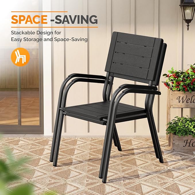 VINGLI Outdoor Patio Dining Chairs, Stackable HDPE All-Weather Arm Chairs, Weatherproof Outdoor Seating for Garden, Backyard, Poolside, Balcony,Black (4 Pack)